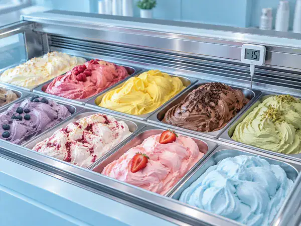 Suhu freezer gelato: −22 °C, −18 °C, dan vitrine ± −15 °C