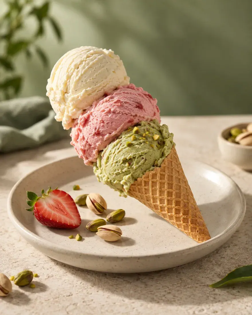 Three scoops of gelato in a crisp cone