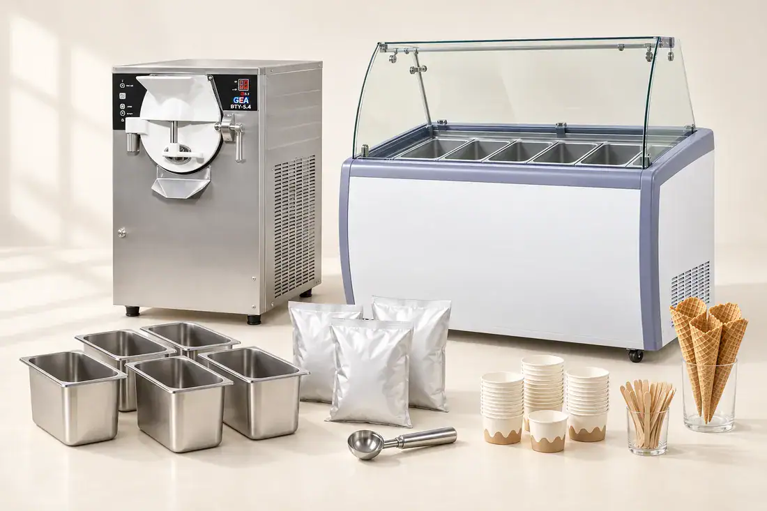 Deluxe package: GEA BTY-5.4 machine, GEA 260 showcase, bins and base sachets