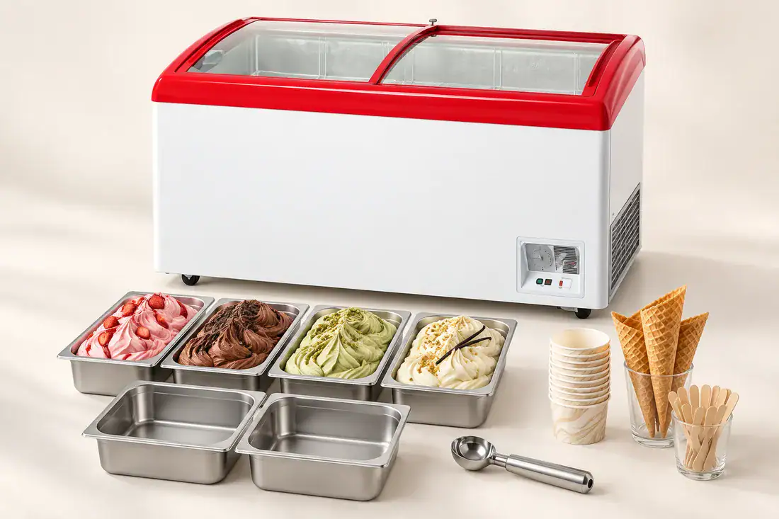 Premium ready-to-sell package: freezer, bins, cones and cups