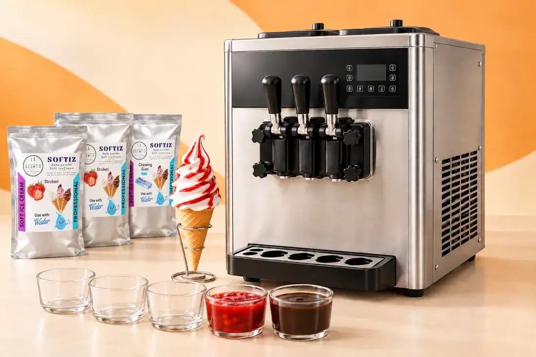Three-lever soft serve machine with SOFTIZ sachets