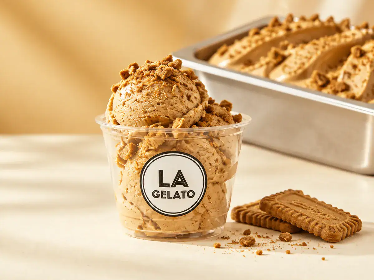 Gelato lotus biscoff dalam cup La Gelato